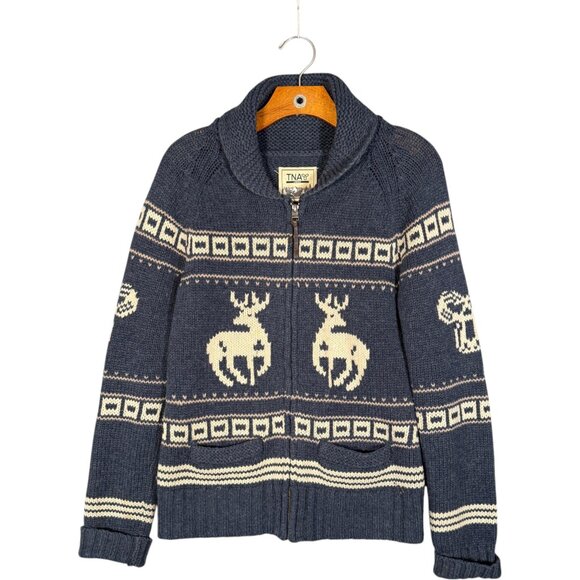 Aritzia TNA Sea to Sky Blue Deer Motif Cowichan Cardigan Sweater Lambswool L - Picture 1 of 10